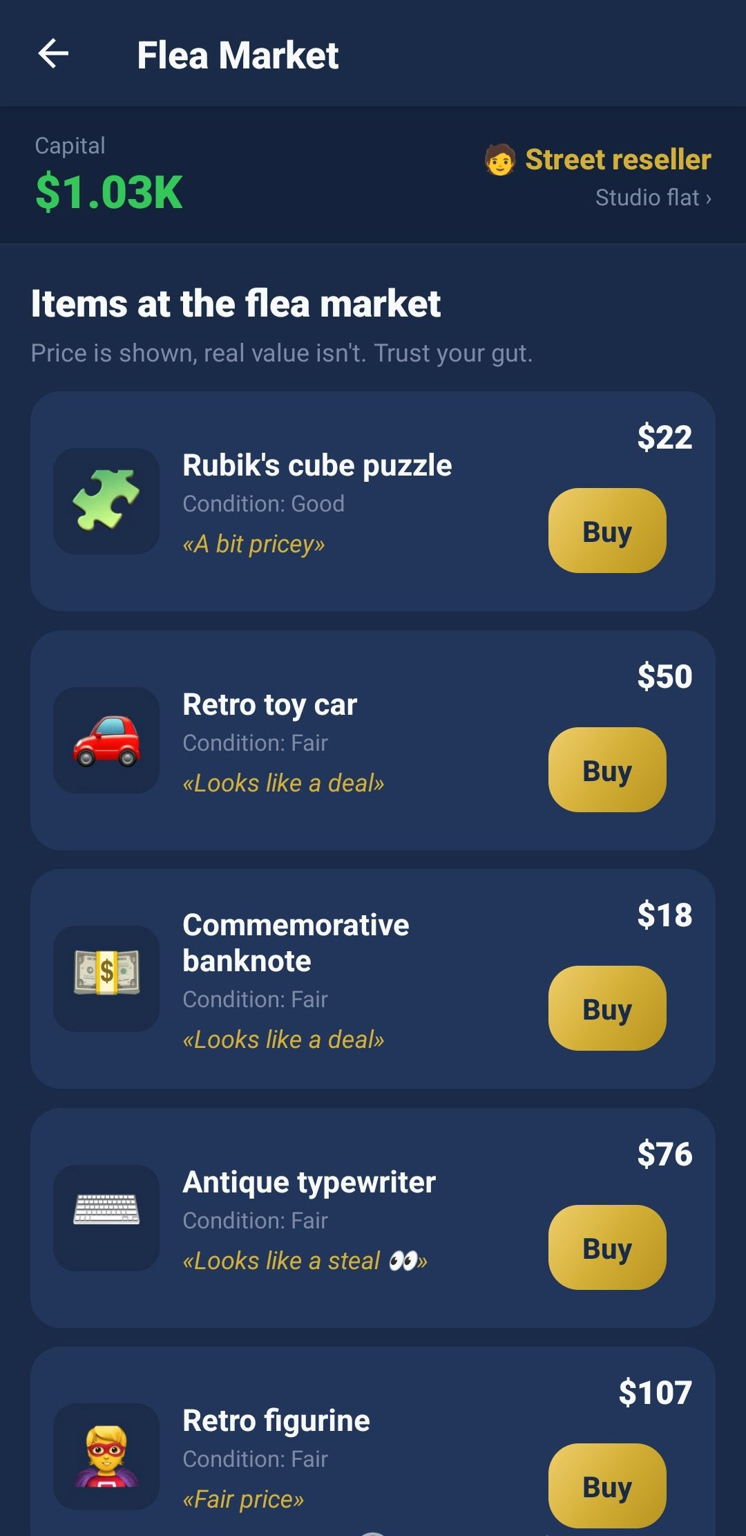 Flip Empire flea market — a list of collectibles like a retro toy car and antique typewriter, priced without their real value shown.