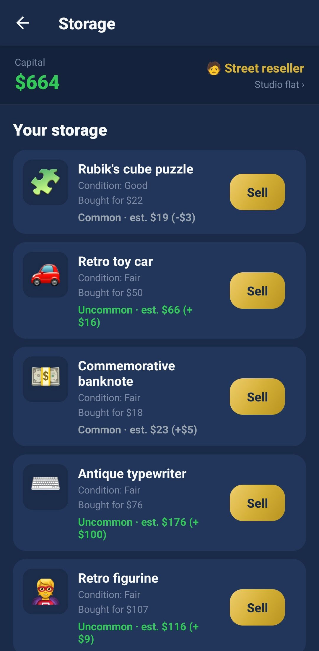 Flip Empire storage — appraised items showing rarity, estimated value and profit before reselling for a gain.