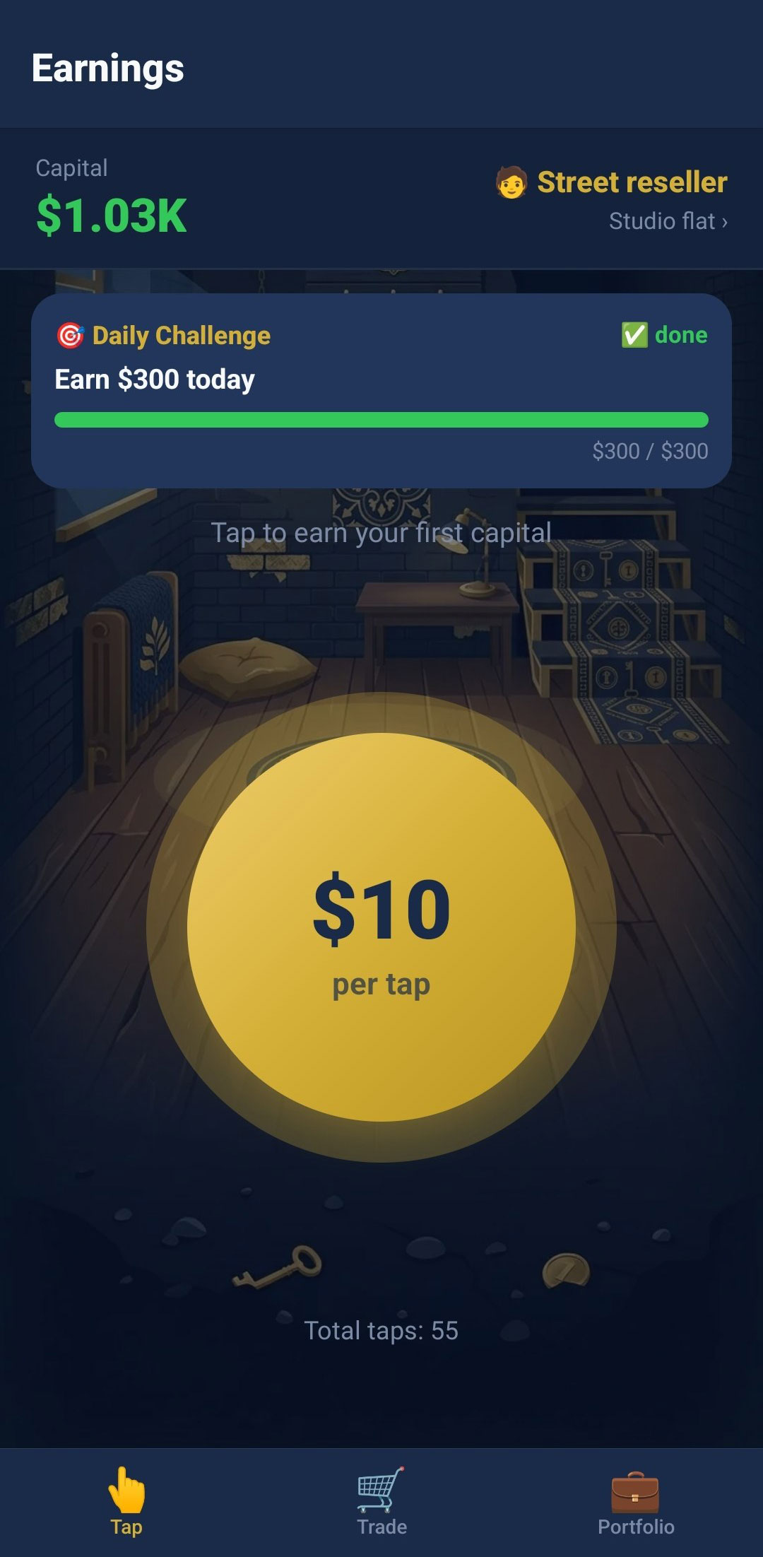Flip Empire tap screen — earning your first capital as a Street reseller at $10 per tap, with a daily challenge complete.